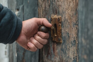 Hand gripping rusty doorknob on aged wooden door.