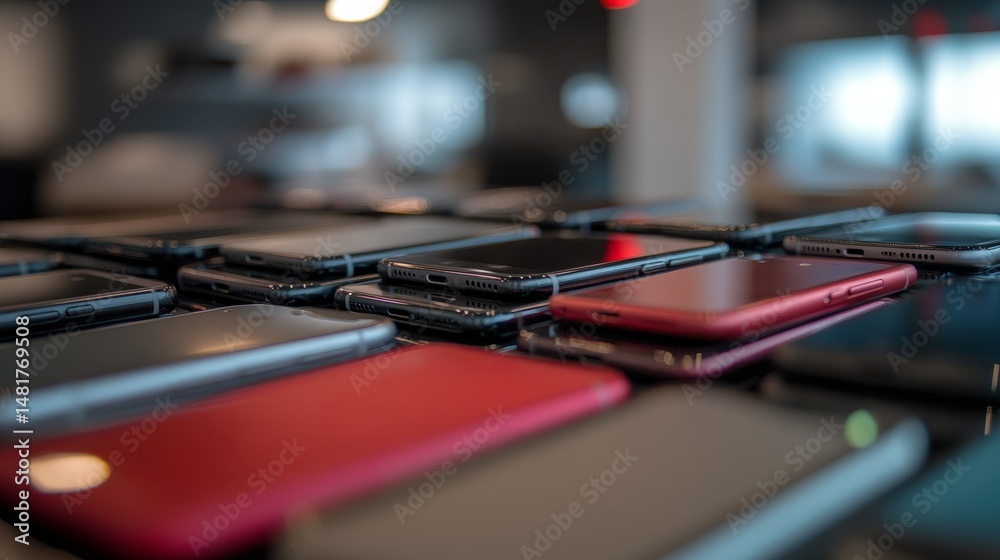 Poster Close-up shot captures a diverse collection of smartphones stacked haphazardly, reflecting ambient light and highlighting technological progress in design and function