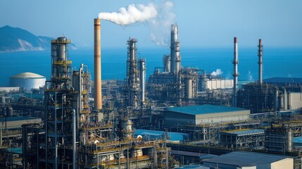 Fototapeta premium Industrial complex panorama with ocean backdrop showcasing energy infrastructure