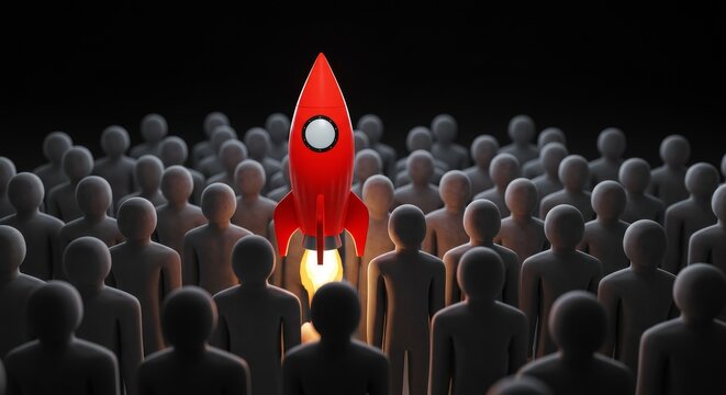 3D Pixel Art Red Rocket Leading Crowd in Dark