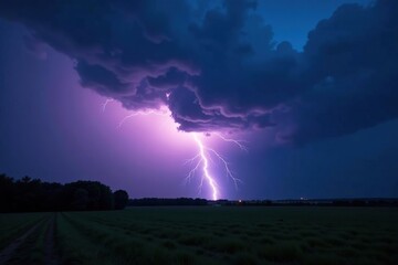 Dramatic lightning strike over dark landscape at night Powerful bolt illuminates stormy sky , dark, weather event