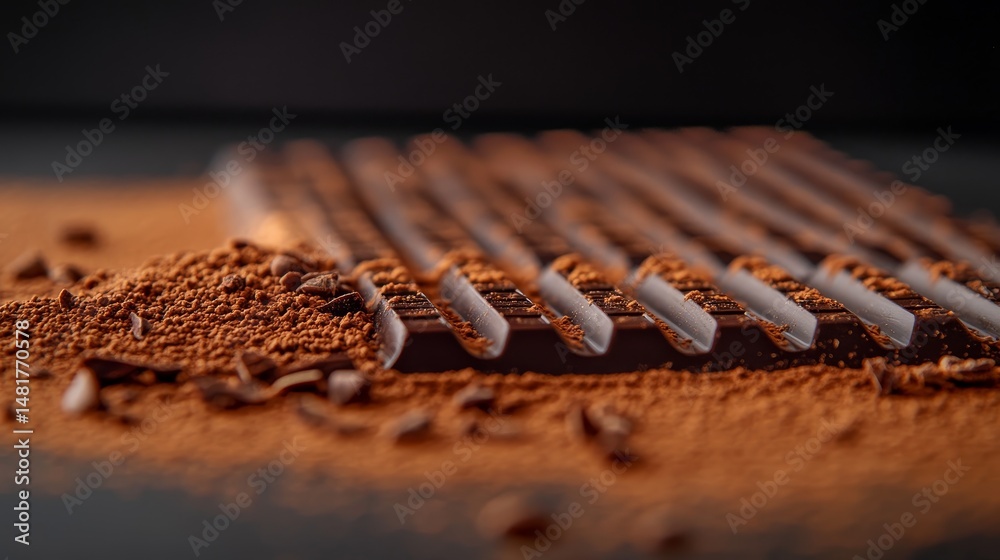 Poster Dark chocolate bar with deep ridges sits on a cocoa-dusted surface, enhanced by soft lighting and scattered chocolate flakes and cocoa nibs for an artisanal touch
