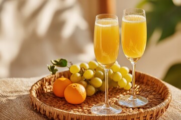 Fototapeta premium Two glasses of orange juice with fruits in a basket.