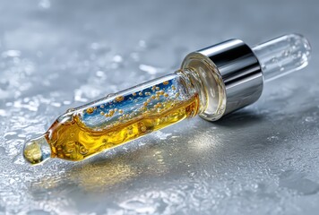 Fototapeta premium Transparent glass dropper with golden liquid on shiny surface.