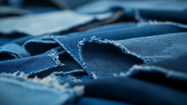 Close-up view of repurposed denim fabric pieces, featuring intricate patchwork designs that highlight sustainable fashion and unique textures within the material