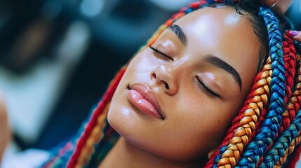 Colorful braids hairstyle: young woman gets vibrant braided hair at salon beauty treatment hair fashion and vibrant colors on stylish ethnic female with colorful braids