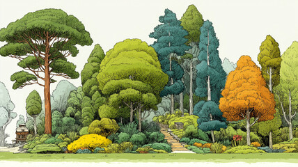 色とりどりの樹木が調和する幻想的な森の風景イラスト、季節の移ろいを感じさせる自然のグラデーションが美しい、公園や庭園デザインの参考に使える高解像度背景素材