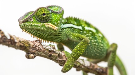 Fototapeta premium Close-up of a vibrant green chameleon perched on a twig against a white background. The chameleon displays intricate patterns and textures, showcasing its vibrant green scales and distinctive eyes