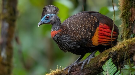 Close-up of a colorful tropical bird perched on a mossy branch.