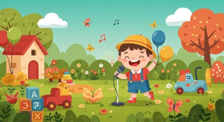 Joyful Child Singer in Cartoon Landscape Illustration