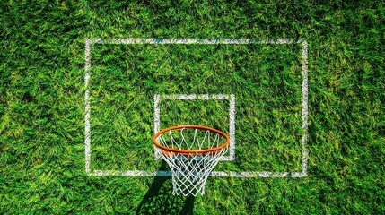 A basketball net hangs prominently on a vibrant green grass background.