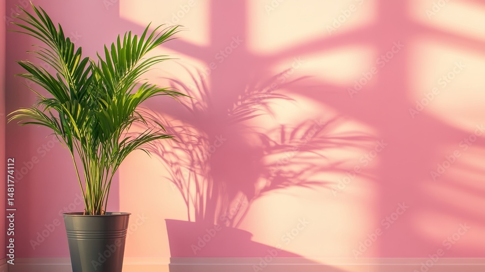 Leinwandbilder sunlight filters through a sheer curtain, creating diagonal patterns on a soft pink wall while a pot