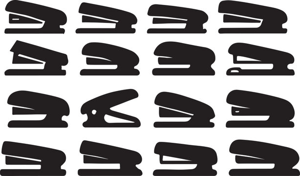 Set of 20 black stapler silhouettes in various styles. Great for office, stationery, work icons, logo design, infographics, and digital illustrations.