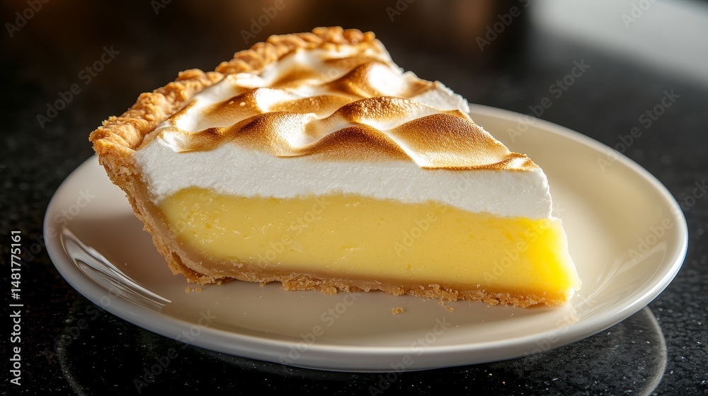 Poster close-up view highlights a well-presented slice of lemon meringue pie with a golden crust and airy t