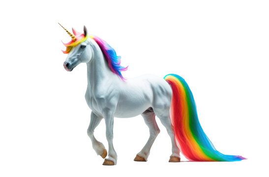 Unicornio color blanco con cabellera color arco&iacute;ris aislado sobre fondo transparente. PNG.