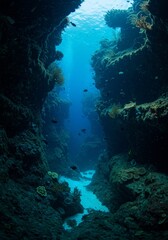 Fototapeta premium Photo: Deep Blue Crevice in Coral Reef With Sun Rays