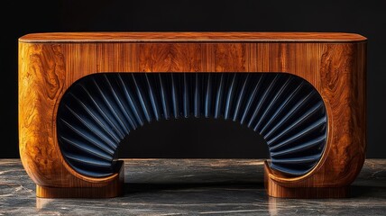 Elegant wooden console table with a unique curved design and plush blue accents, perfect for modern interiors and stylish decor.