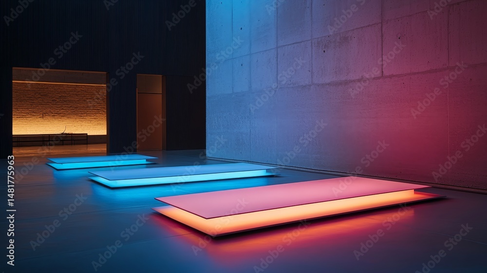 Poster minimalist creative workspace showcases geometric sculptures under vibrant blue and pink led lights,