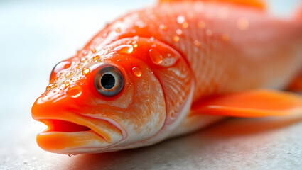 Macro Shot of Vibrant Salmon with Water Droplets Showcasing Freshness and Detail in Scales and Texture Emphasizing the Beauty of Nature's Bounty