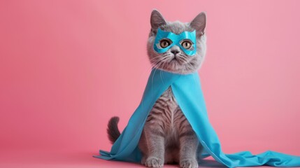 Gray cat in a blue cape and mask