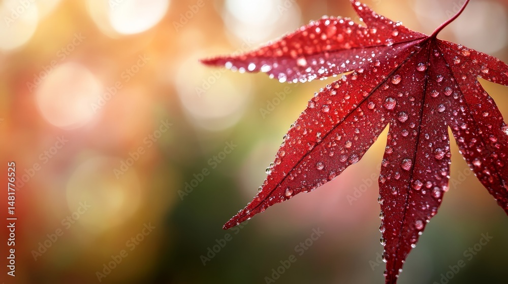 Poster A close-up view of a crimson maple leaf adorned with droplets of morning dew, illuminated by sunlight, set against a softly blurred forest backdrop