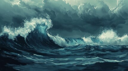 Fototapeta premium Ocean's Fury: A Dramatic Seascape Painting