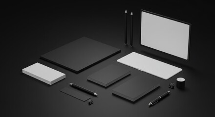 Black and white branding mockups for business stationery and digital devices. Flat lay of various business supplies displayed on a dark surface, including stationery and digital devices.