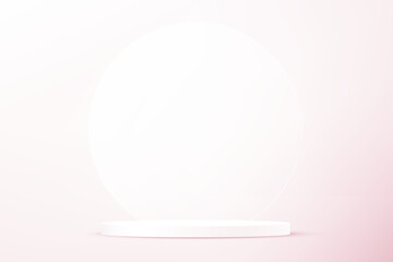 Pink studio room background. Pink background vector 3d with white podium. Empty room with light effect. Space for selling products, backdrop, wallpaper, background, text. Vector illustration.