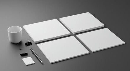 Blank stationery mockups, showcasing four square sheets of white paper, a cup, and various office supplies on a gray surface. Versatile design elements for branding and marketing materials.