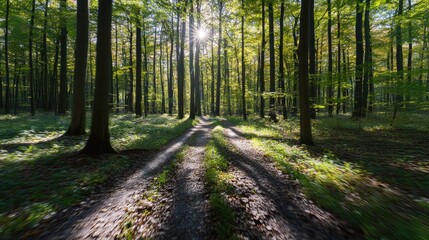 Obraz premium Sunlit forest path, dappled with sunlight.