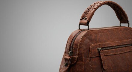 3D Render Brown Leather Handbag on Gray Background