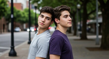 Fototapeta premium Photo of Two Brothers Back to Back on a City Sidewalk