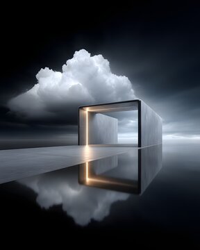A hallway that appears infinite, with doors leading to impossible, paradoxical landscapes, detailed reflections, mysterious lighting, atmospheric perspective