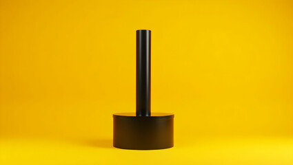 Minimalist composition featuring a sleek black cylindrical object against a vibrant yolkyellow backdrop, offering a modern and abstract aesthetic appeal