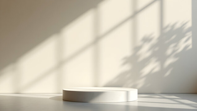 Minimalist Display Platform with Natural Light and Shadow Play, Ideal for Product Presentation and Artistic Visualizations in a Modern, Serene Setting