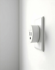 Minimalist high-contrast image featuring a clean white electric plug socket elegantly mounted on a seamless white wall, showcasing simplicity and functionality
