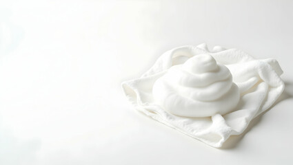 Obraz premium Minimalist presentation of creamy skincare foam atop a soft, white towel against a bright pristine setting radiating cleanliness and gentle personal care concept