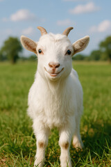 Cute White Goat Smiling in a Green Grassy Field for Eid al-Adha Celebration