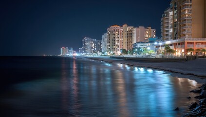 City skyline illuminated along tranquil beachfront at night.