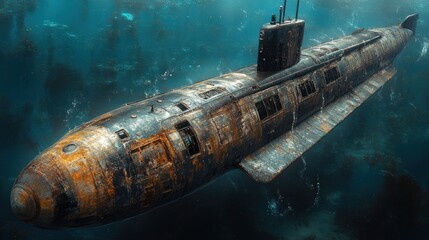 Rusted submarine submerged in deep ocean water.