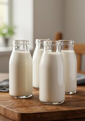 3D Render Four Glass Milk Bottles on Wooden Board