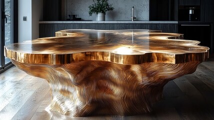Stunning handcrafted wooden table with a unique organic shape, showcasing rich textures and a glossy finish, perfect for modern interior design and luxury home decor.