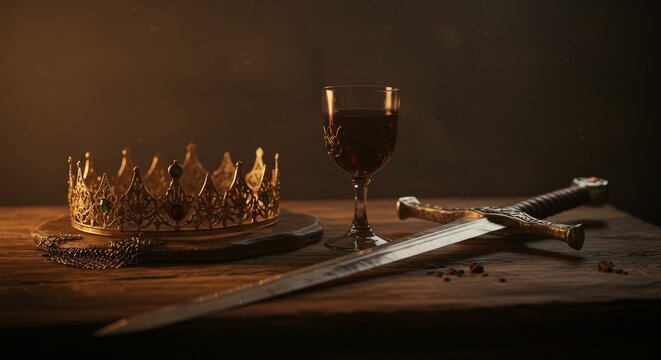 3D Render Golden Crown Sword and Wine Glass on Wooden Table