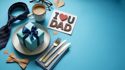 Father's day celebration still life with gift coffee mug tie bowtie and i love you dad message