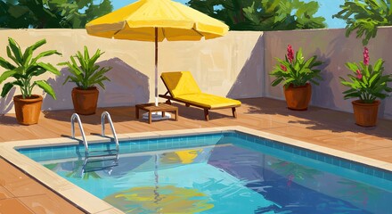 Fototapeta premium Swimming Pool Scene with Lounge Chair and Tropical Plants