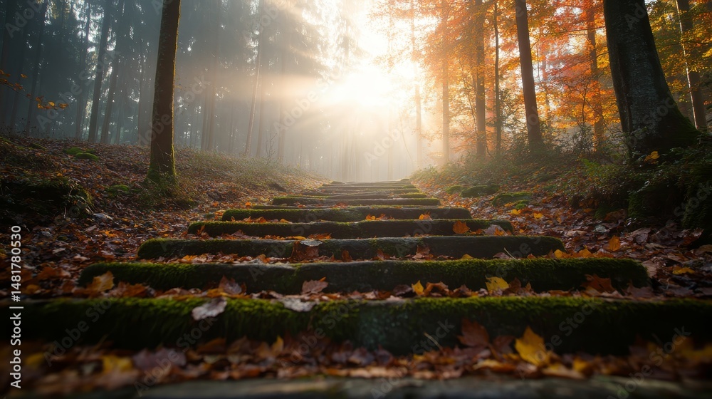 Poster moss-covered stone steps lead through a misty forest, with soft sunlight filtering through trees and