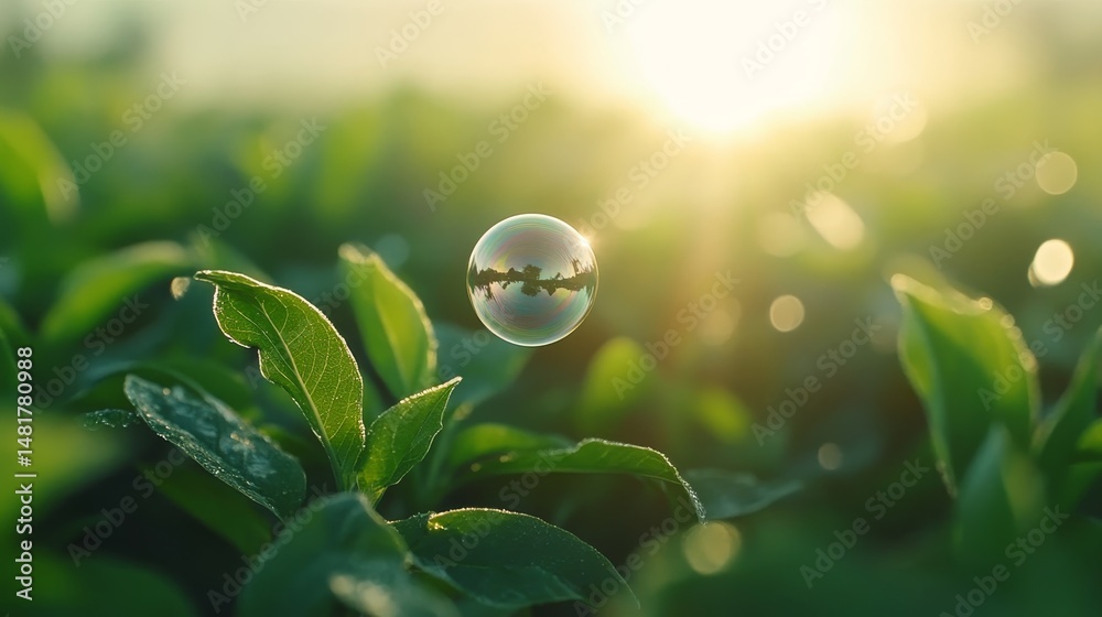 Poster a soap bubble drifts through the air, reflecting vibrant rainbow colors while surrounded by soft gre