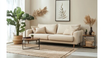 Neutral Tones Living Room Interior Design. Minimalist Style, Beige Sofa, Natural Decor, Rug And Plants.