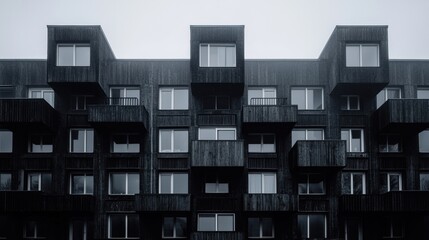 A black and white image of a building with many windows.