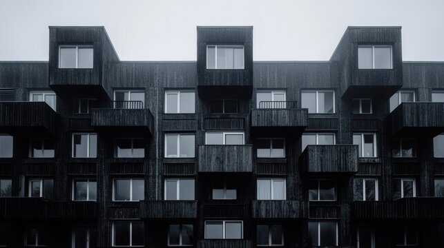 A black and white image of a building with many windows.
